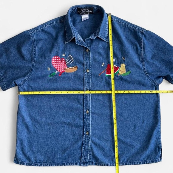Vintage Mint Julep Denim Embroidered Summer Picnic BBQ Theme Button Down Shirt - Picture 5 of 6